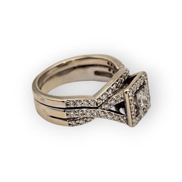 14k White Gold Diamond Bridal Set Princess Halo Engagement Ring & Twisted Band - Picture 3 of 12